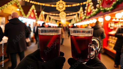 Two glasses of hot mulled spicy wine with biscuits at a Christmas market lit up at night in December. photo