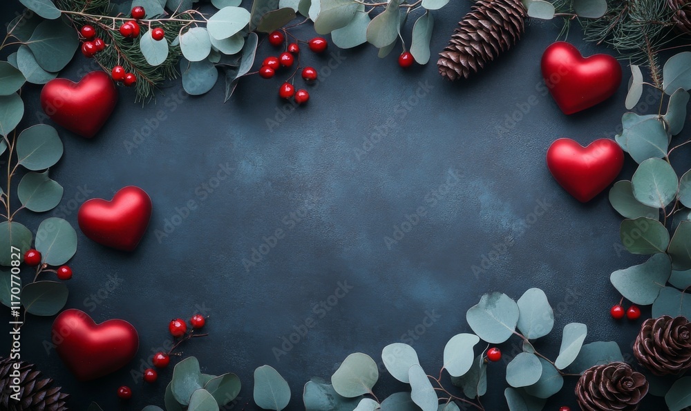 Dark textured background with red heart-shaped decorations, berries, eucalyptus leaves, and pine cones framing the composition. Flat lay with copy space. Dark textured background with red heart-shaped decorations, berries, eucalyptus leaves, and pine cones framing the composition. Flat lay with copy space.