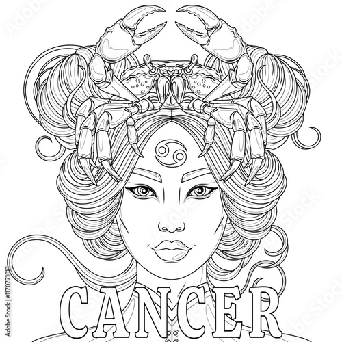 Cancer Woman.Astrological Zodiac Sign.Coloring book antistress for children and adults. 