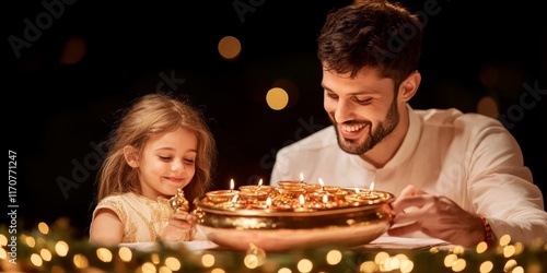 Father and Daughter Diwali Celebration: A heartwarming scene of a father and daughter lighting diyas during Diwali, a festival of lights, creating a warm and intimate atmosphere.  