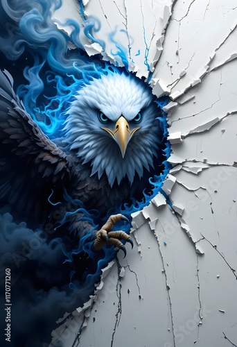 Majestic eagle breaking through a wall with glowing blue flames for dynamic art concept
