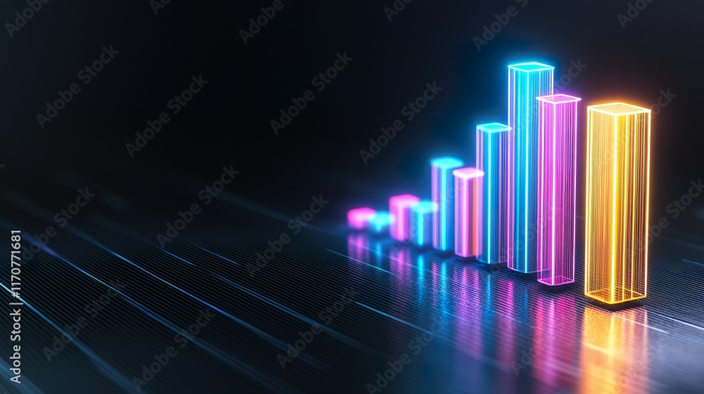 A vibrant, digital bar graph showcasing growth with neon colors against a dark background, representing data visualization and analytics. A vibrant, digital bar graph showcasing growth with neon colors against a dark background, representing data visualization and analytics.