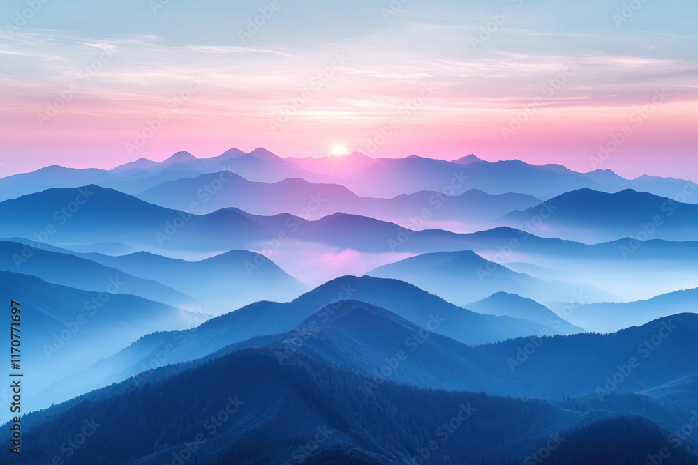 Fototapeta premium Misty blue mountain range at sunset.