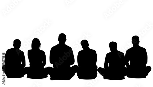 Silhouettes of six people sitting in a row against a white background