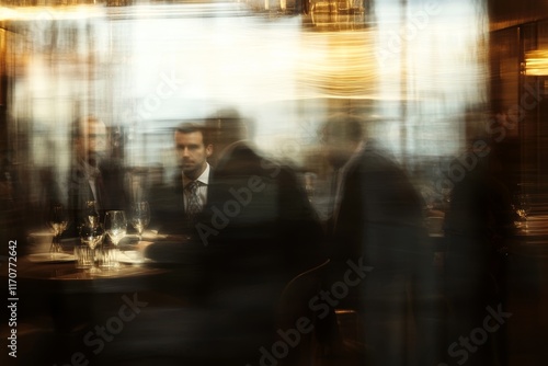 Wallpaper Mural A blurry image of a group of people sitting at a table in a restaurant Torontodigital.ca