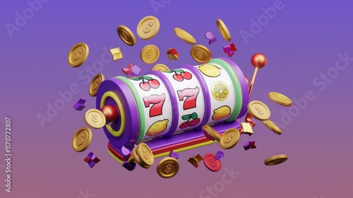 Tapety artystyczne A 3D rendered slot machine with colorful reels displaying cherries, lemons, and lucky sevens.