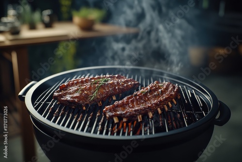 Two succulent racks of ribs sizzling on a BBQ grill, surrounded by aromatic smoke and a warm outdoor setting. photo