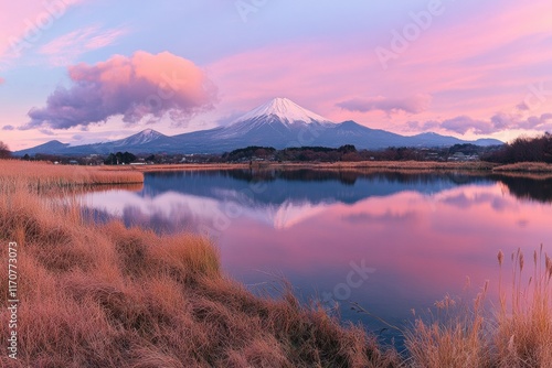 A beautiful mountain range is reflected in a calm lake photo