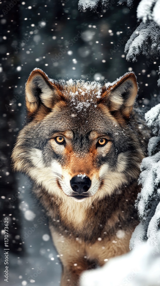 Obraz premium A close-up of a wolf in a snowy forest, showcasing its striking features and winter setting.