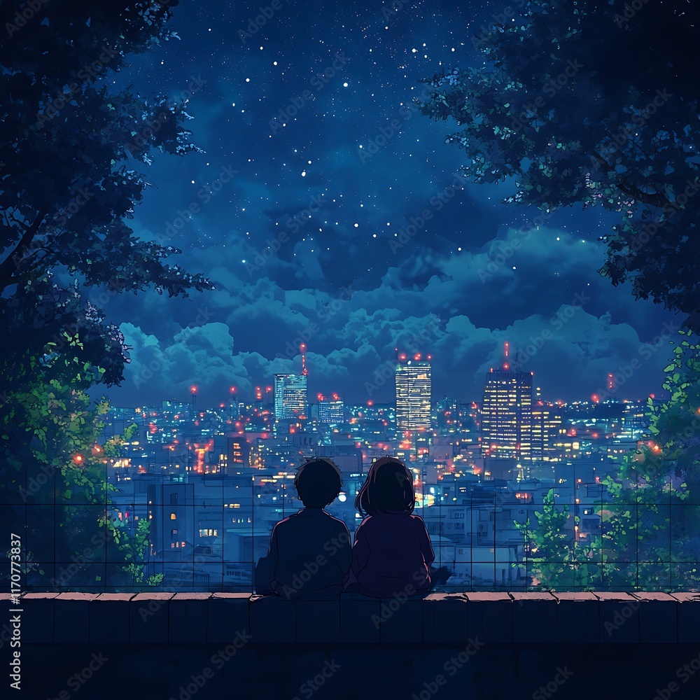 Fototapeta premium anime couple sitting on rooftop gazing at city lights