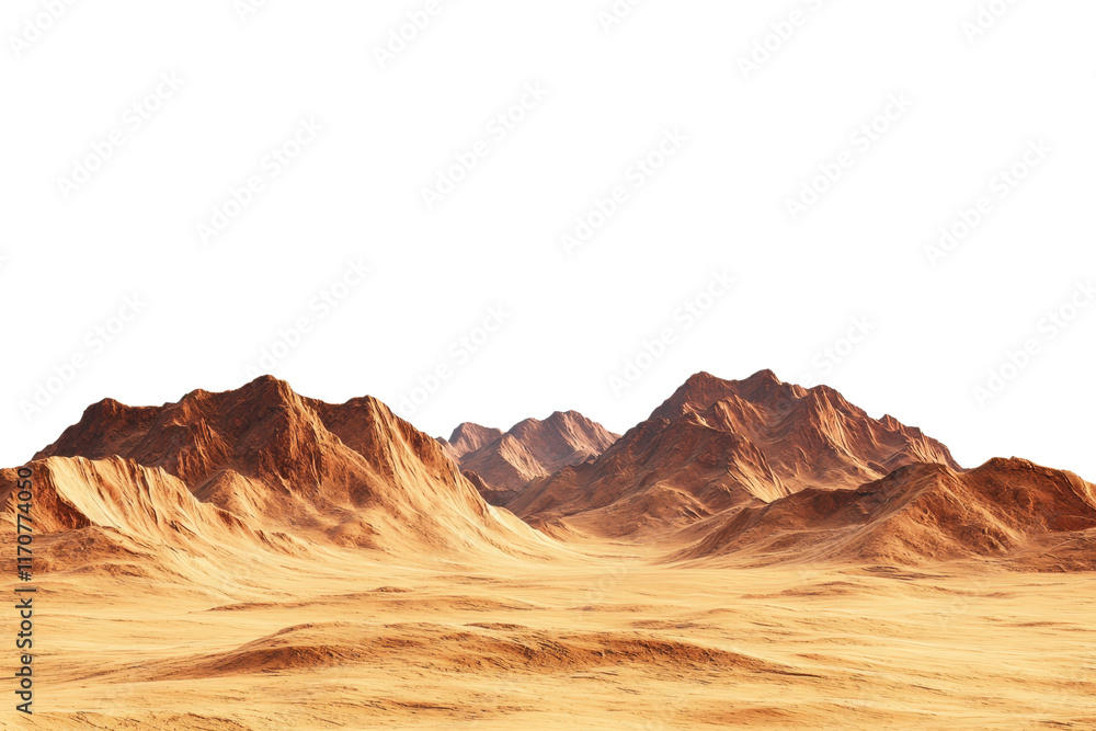 Naklejka premium A barren landscape features rugged mountains against a dark sky, creating a stark and desolate atmosphere.