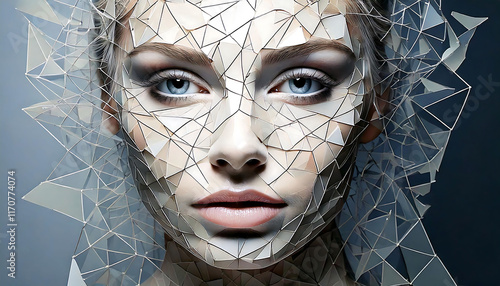 Stunning portrait of a woman adorned with a geometric, fragmented glass-like mask.  The image boasts a high-fashion, artistic style, perfect for beauty, technology, or conceptual projects. photo