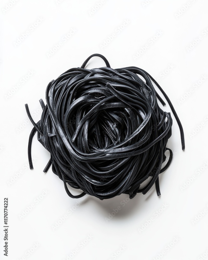 A tangled nest of black licorice strands on a white background, showcasing their smooth, glossy texture. A tangled nest of black licorice strands on a white background, showcasing their smooth, glossy texture.