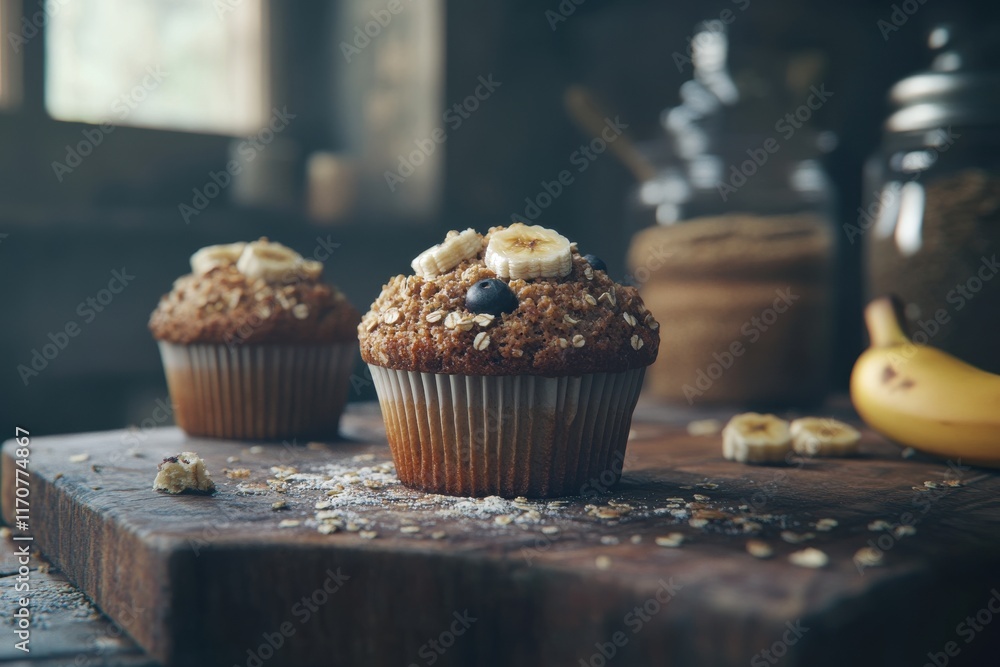 Delicious banana oatmeal muffins on a rustic wooden board, exuding warmth and comfort. Delicious banana oatmeal muffins on a rustic wooden board, exuding warmth and comfort.