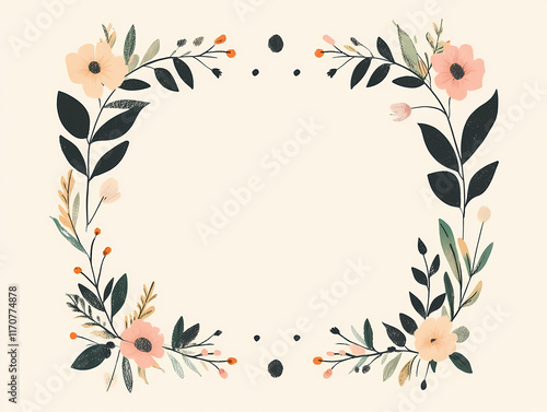 Elegant floral frame with peach and pink flowers, dark green leaves, and a cream background. Perfect for invitations or announcements.