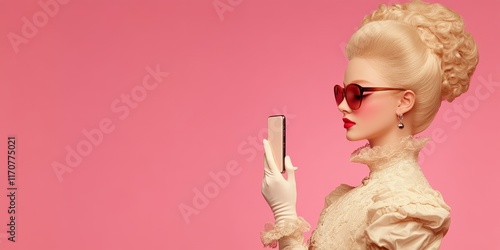Pink Lady and Smartphone: A stylish woman with a bouffant hairstyle and heart-shaped sunglasses holds a smartphone against a vibrant pink background.  Elegant and modern.