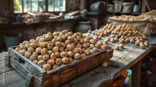 Photographing fresh walnuts on an old wooden table  photo