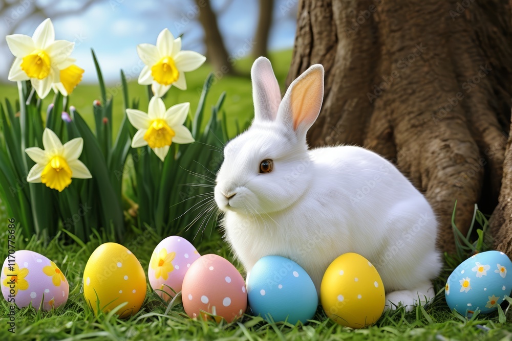 Fototapeta premium there is a white rabbit sitting next to a tree with easter eggs