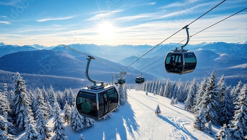 From a high-angle view on a sunny winter morning, the new modern large cabin ski lift gondola stands out against snowcapped forest trees and snow-covered mountain peaks, providing a breathtaking