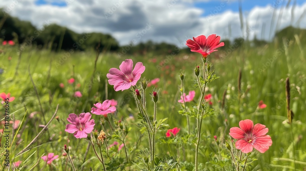 Geraniums in a Wildflower Meadow: Geraniums blooming in a wildflower meadow Geraniums in a Wildflower Meadow: Geraniums blooming in a wildflower meadow