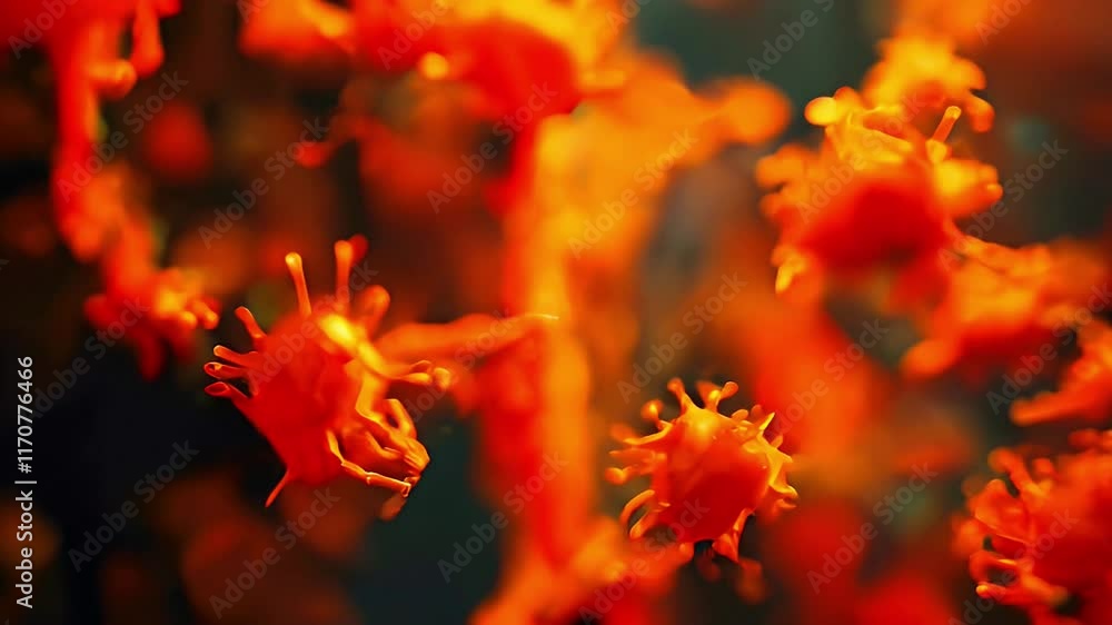 Red spiky particles floating, used in medical or scientific context. Red spiky particles floating, used in medical or scientific context.