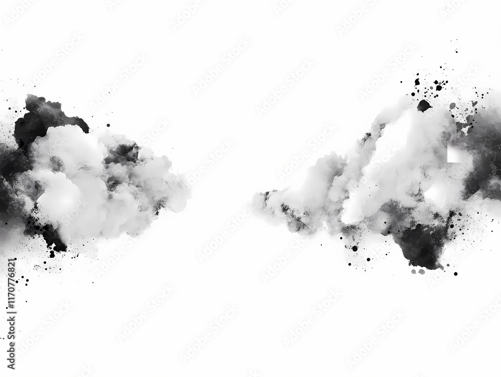 Obraz premium Abstract grayscale artwork featuring two distinct cloud-like forms, one darker and more defined, the other lighter and more diffuse, set against a stark white background.