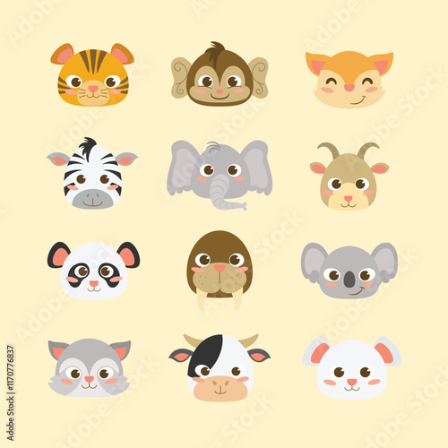 Cute Cartoon Animal Faces Set Featuring Various Wildlife Species