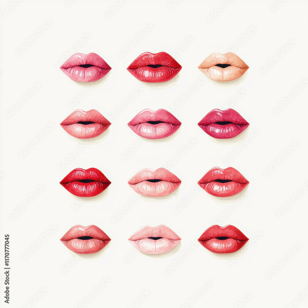 Lip prints in red and pink tones, A vibrant collection of lips in various shades showcasing beauty and makeup trends for inspiration. Lip prints in red and pink tones, A vibrant collection of lips in various shades showcasing beauty and makeup trends for inspiration.