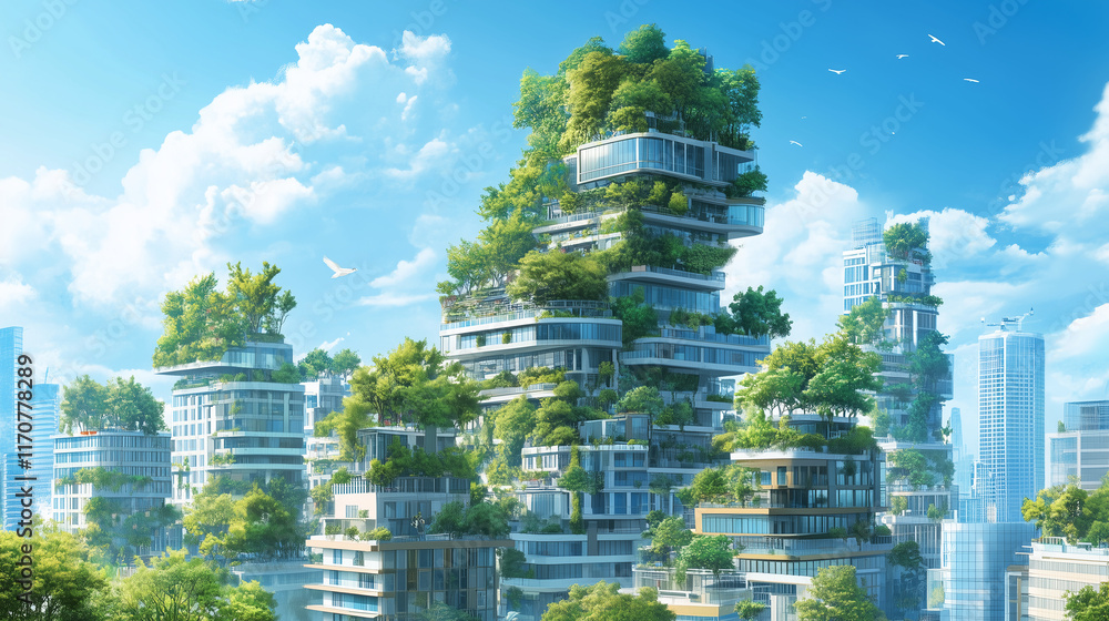 Obraz premium Illustration of a city where the buildings are covered with like plants