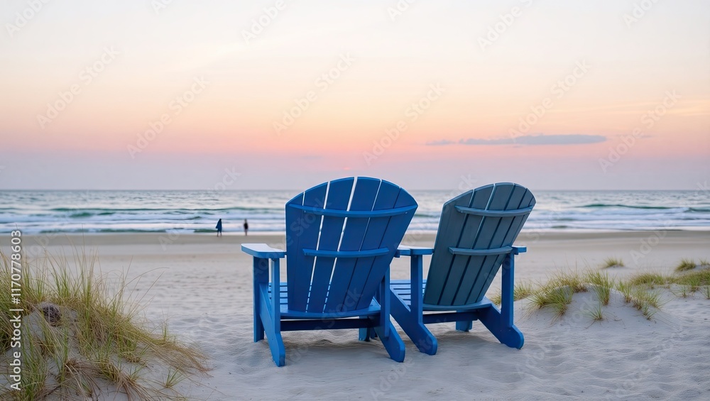 At sunset, two blue Adirondack chairs sit on a beach with sand dunes that face the ocean. Summer scenic At sunset, two blue Adirondack chairs sit on a beach with sand dunes that face the ocean. Summer scenic
