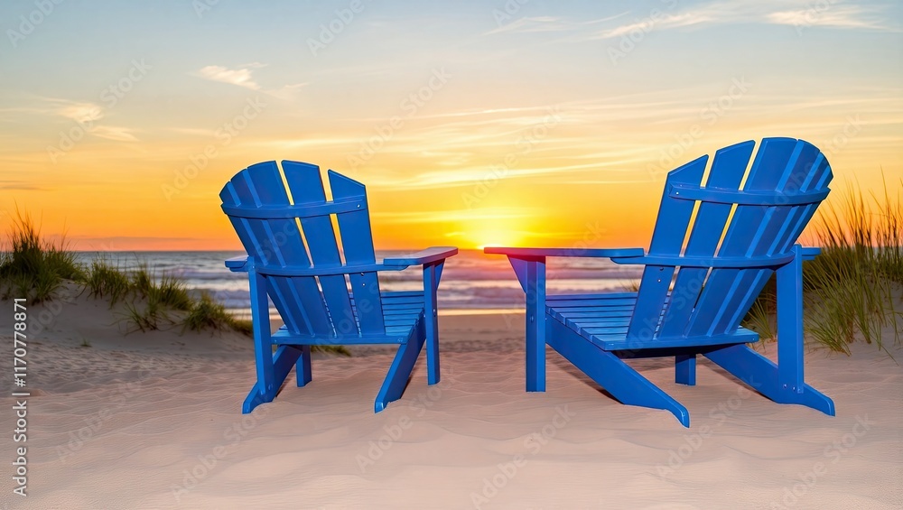 At sunset, two blue Adirondack chairs sit on a beach with sand dunes that face the ocean. Summer scenic At sunset, two blue Adirondack chairs sit on a beach with sand dunes that face the ocean. Summer scenic