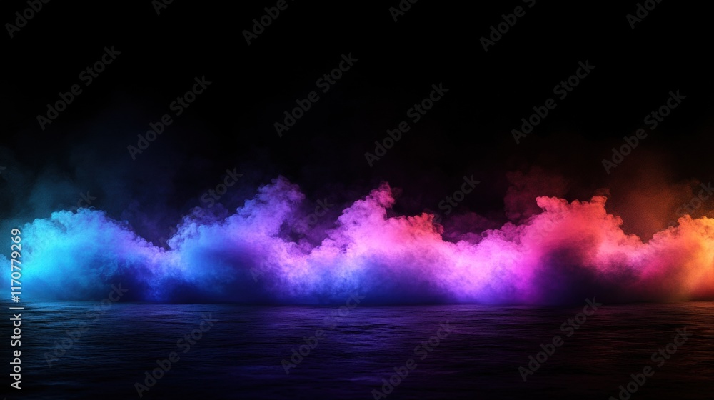 Vibrant Neon Colored Smoke Clouds Over Dark Water Background - Abstract Design Element Vibrant Neon Colored Smoke Clouds Over Dark Water Background - Abstract Design Element