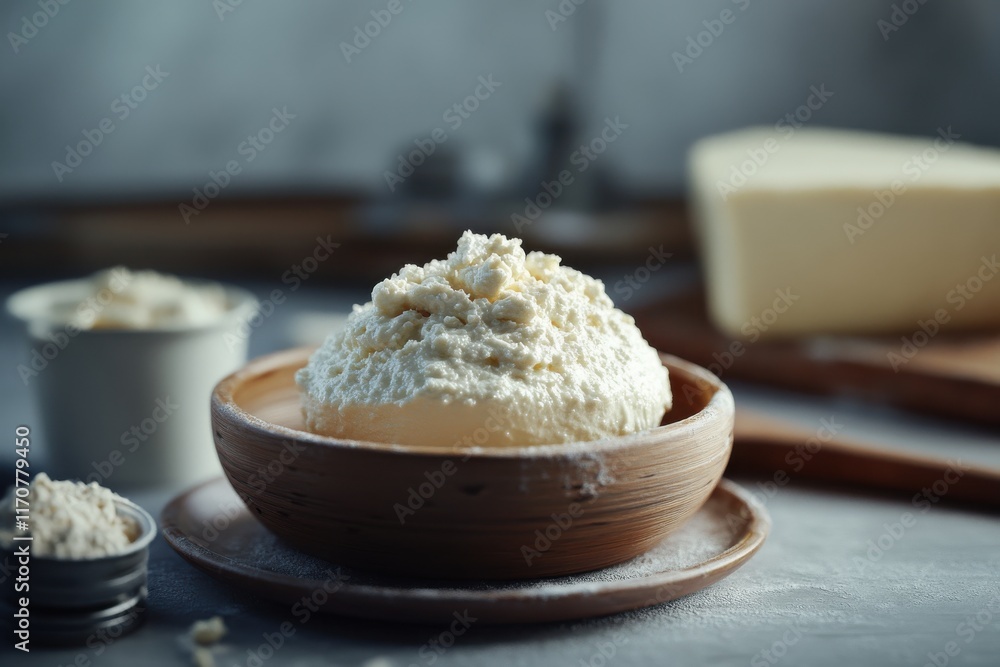 A rustic wooden bowl filled with soft cheese, surrounded by flour and other dairy ingredients. A rustic wooden bowl filled with soft cheese, surrounded by flour and other dairy ingredients.