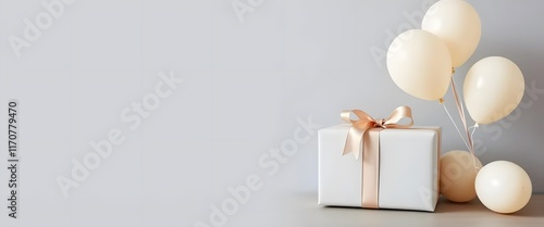 Valentine's day background banner with light gray gift box and beige balloons, romantic, minimalist and chic theme.