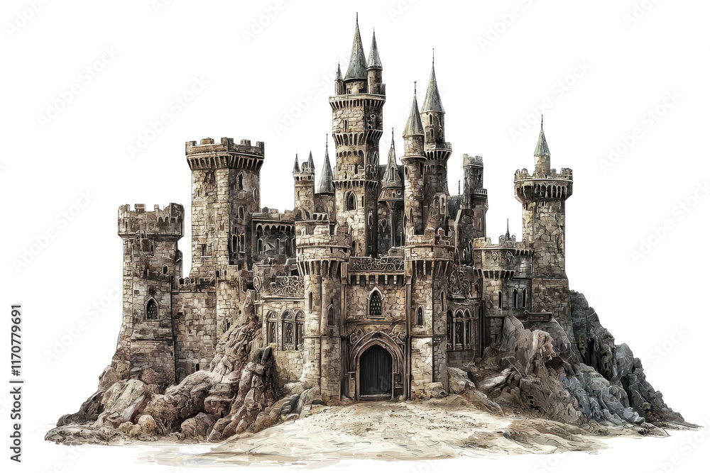 A detailed, medieval castle with intricate towers, stone walls, and a rugged base, embodying a classic fantasy design.