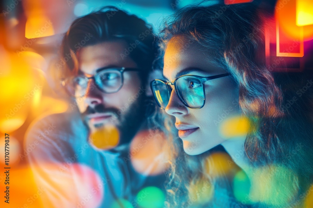 A man and a woman are looking at a computer screen with a blurry background A man and a woman are looking at a computer screen with a blurry background