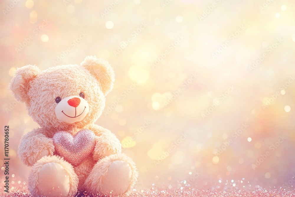 Fototapeta premium A cute vector background featuring a teddy bear holding a heart, positioned in the corner, with ample space for text on a soft gradient backdrop.