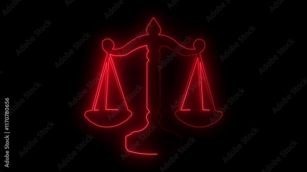 Glowing neon Scales of justice icon isolated on black background in red color. Balance scale sign. 4K Video. Glowing neon Scales of justice icon isolated on black background in red color. Balance scale sign. 4K Video.