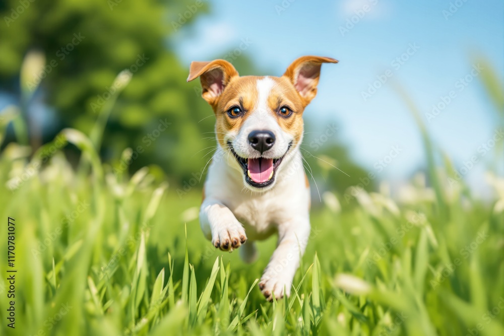 Energetic dog joyfully running on vibrant green grass, sunny day, blurred trees and blue sky in background, concept of happiness and playfulness. Ai generative Energetic dog joyfully running on vibrant green grass, sunny day, blurred trees and blue sky in background, concept of happiness and playfulness. Ai generative