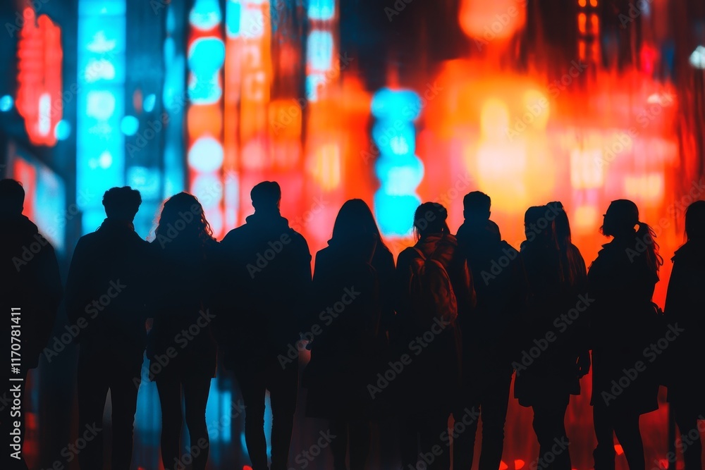 People Silhouettes Against Vibrant Urban Night Lights Background People Silhouettes Against Vibrant Urban Night Lights Background