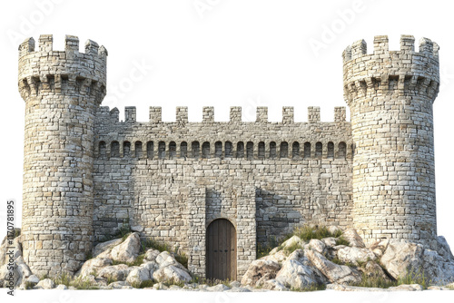 A medieval stone castle featuring two prominent towers and a fortified wall, set against rocky terrain. photo