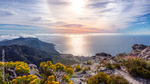 Beautiful view over the mountains and atlantic at sunset from Table Mountain in Cape Town in South Africa