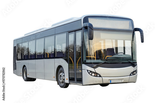 A modern city bus with large windows and a sleek design, suitable for public transportation.