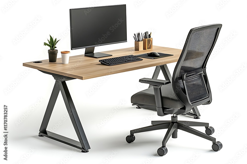 Modern desk setup with a computer, chair, and plant for a productive workspace. Modern desk setup with a computer, chair, and plant for a productive workspace.