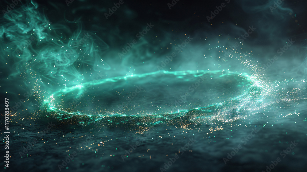 Fototapeta premium A large glowing circle of light is surrounded by a thick cloud of smoke