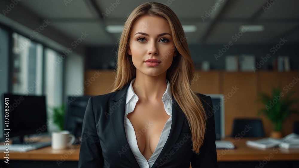 Fototapeta premium Close-up portrait of businesswoman on office background, corporate businesswoman