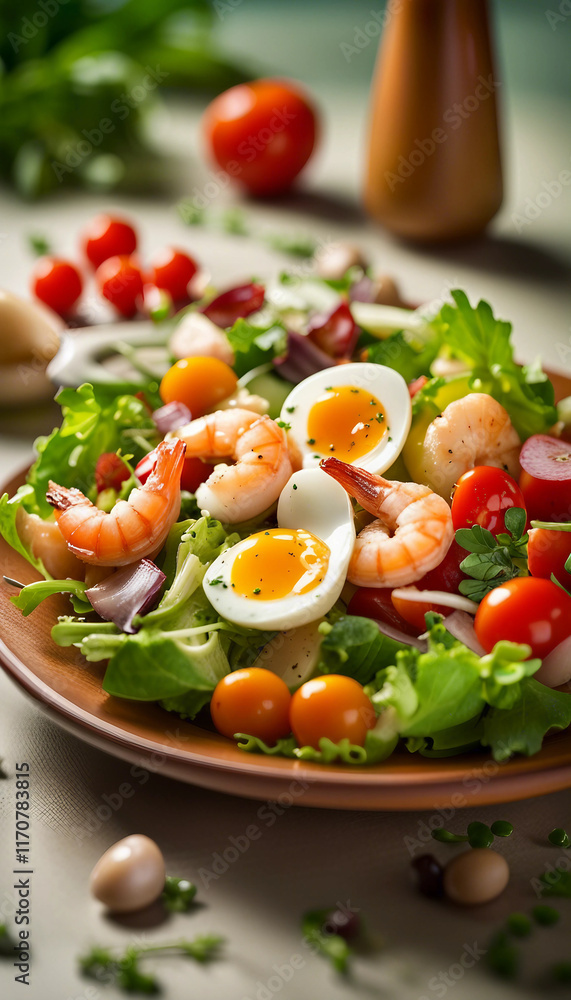 A close-up of a fresh shrimp salad with cherry tomatoes and mixed greens, garnished with capers, served in a white bowl, perfect for a healthy meal or gourmet food presentation.
A close-up of a fresh shrimp salad with cherry tomatoes and mixed greens, garnished with capers, served in a white bowl, perfect for a healthy meal or gourmet food presentation.