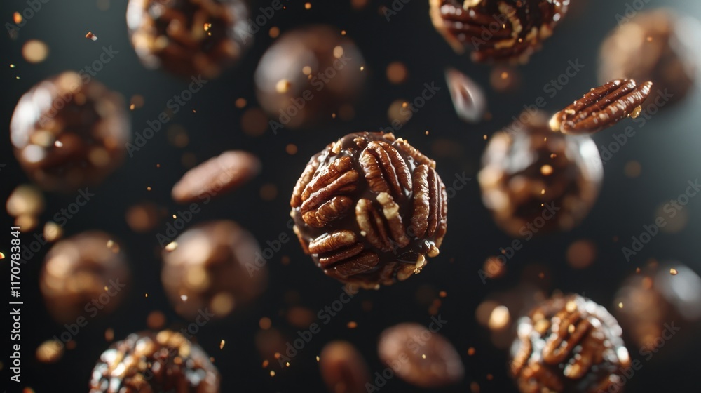 Pecan balls with chocolate pecan nuts with crispy chocolate, floating in the air.
