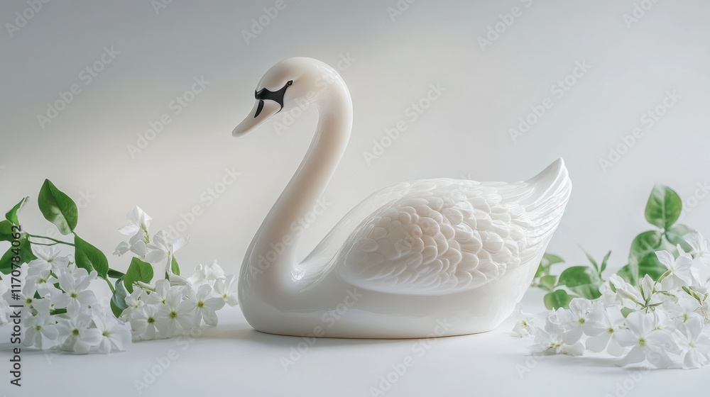 Obraz premium Elegant white swan figurine with jasmine flowers. Soft lighting, serene atmosphere.