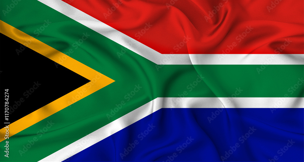 Fototapeta premium Close up of flag of South Africa with cloth texture, realistic South Africa flag waving